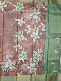 Tussar fancy saree brown color allover prints & small kaddi border with printed pallu and attached contrast plain blouse