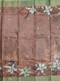 Tussar fancy saree brown color allover prints & small kaddi border with printed pallu and attached contrast plain blouse