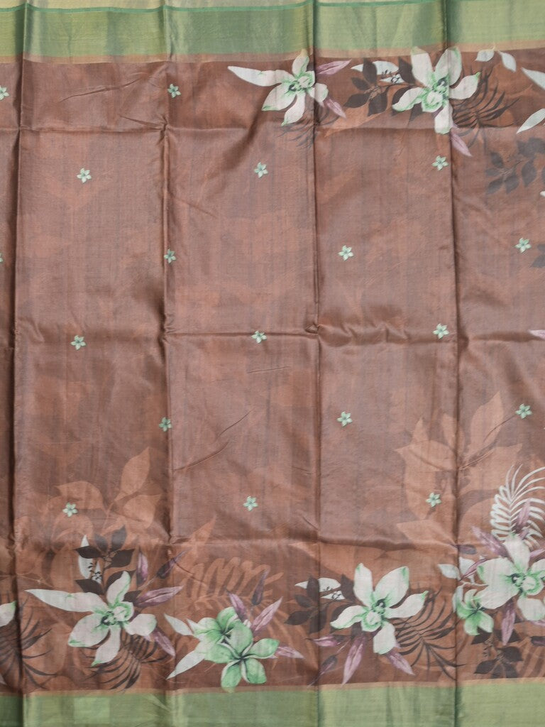 Tussar fancy saree brown color allover prints & small kaddi border with printed pallu and attached contrast plain blouse