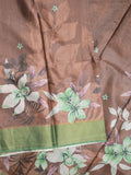 Tussar fancy saree brown color allover prints & small kaddi border with printed pallu and attached contrast plain blouse