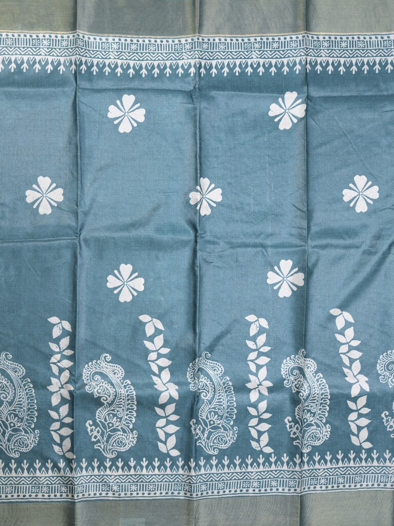 Tussar fancy saree peacock blue color allover prints & small kaddi border with printed pallu and attached plain blouse