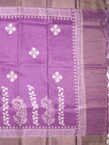Tussar fancy saree purple color allover prints & small kaddi border with printed pallu and attached plain blouse