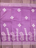 Tussar fancy saree purple color allover prints & small kaddi border with printed pallu and attached plain blouse