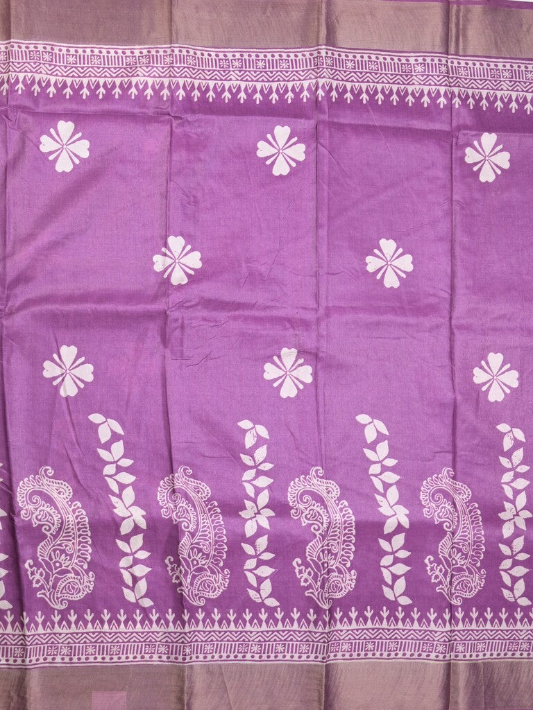 Tussar fancy saree purple color allover prints & small kaddi border with printed pallu and attached plain blouse