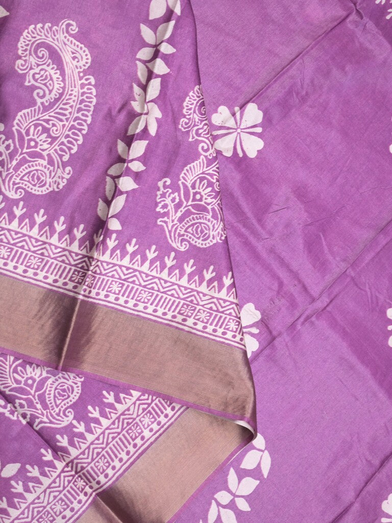 Tussar fancy saree purple color allover prints & small kaddi border with printed pallu and attached plain blouse