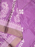 Tussar fancy saree purple color allover prints & small kaddi border with printed pallu and attached plain blouse