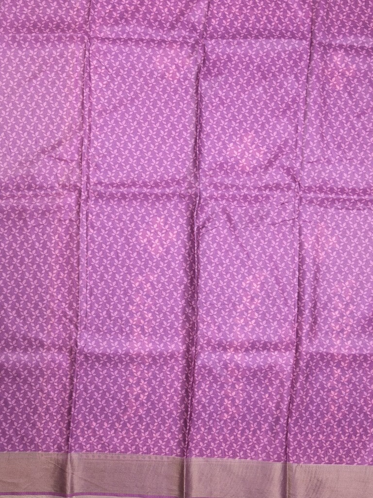 Tussar fancy saree purple color allover prints & small kaddi border with printed pallu and attached plain blouse