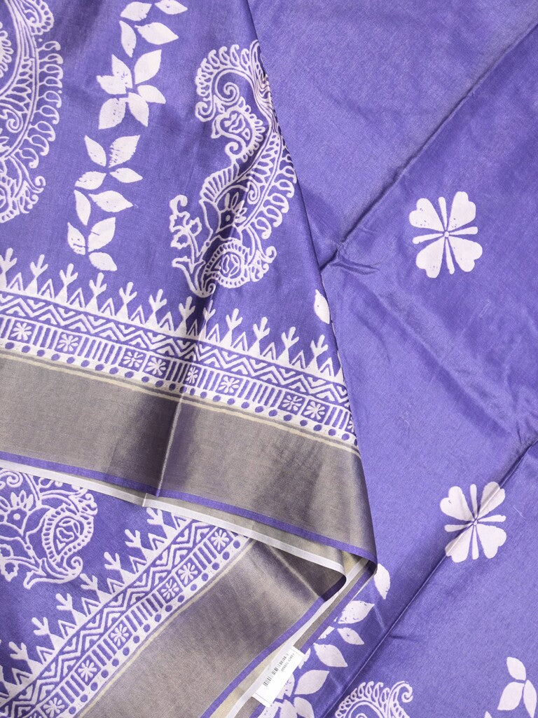 Tussar fancy saree ink blue color allover prints & small kaddi border with printed pallu and attached plain blouse