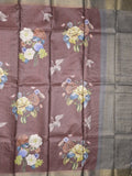 Tussar fancy saree brown color allover prints & small kaddi border with printed pallu and attached contrast plain blouse