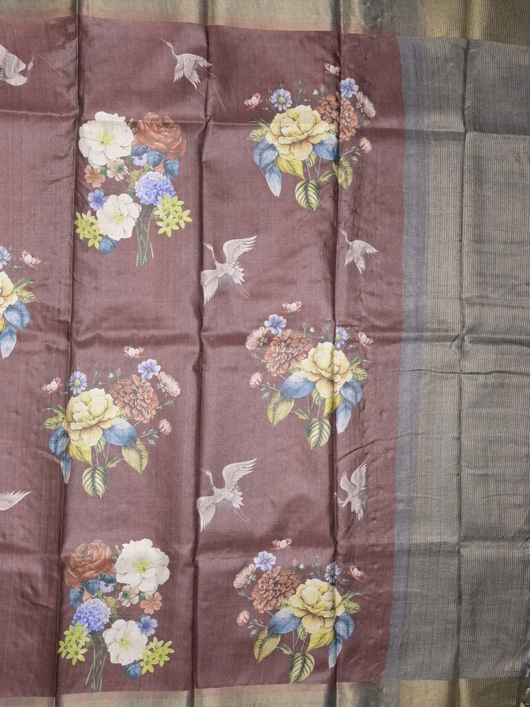 Tussar fancy saree brown color allover prints & small kaddi border with printed pallu and attached contrast plain blouse