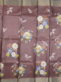 Tussar fancy saree brown color allover prints & small kaddi border with printed pallu and attached contrast plain blouse