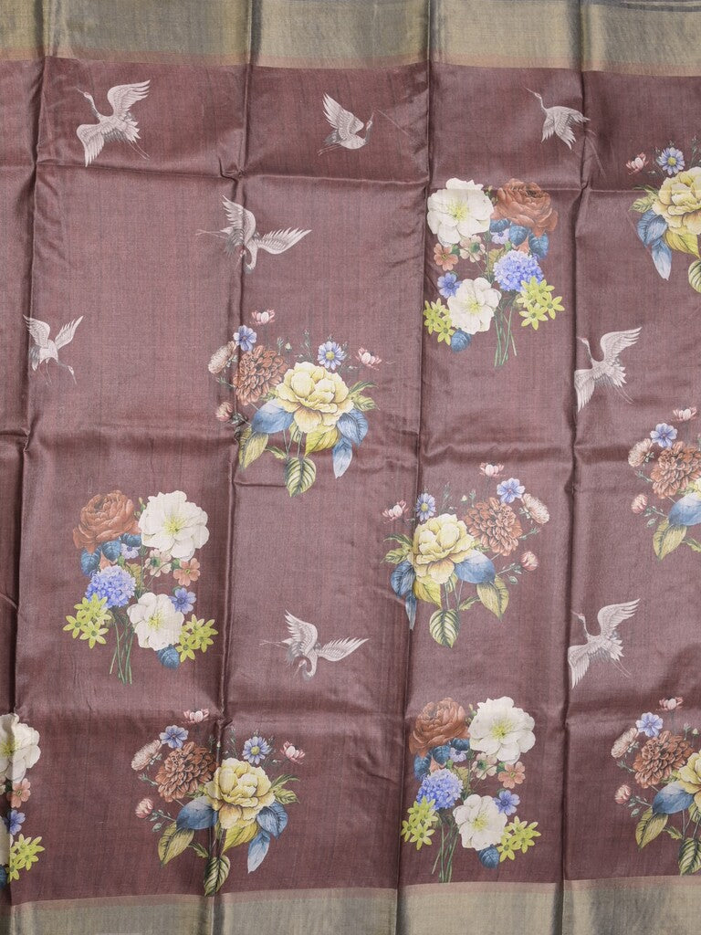 Tussar fancy saree brown color allover prints & small kaddi border with printed pallu and attached contrast plain blouse