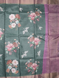 Tussar fancy saree dark green color allover prints & small kaddi border with printed pallu and attached contrast plain blouse