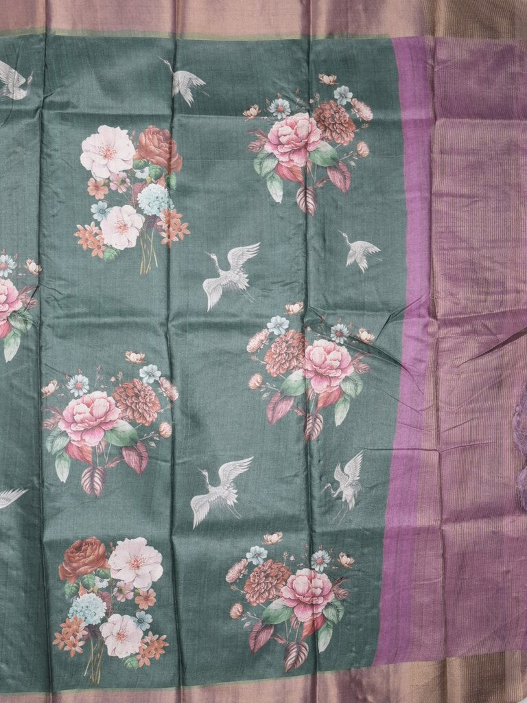 Tussar fancy saree dark green color allover prints & small kaddi border with printed pallu and attached contrast plain blouse