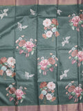 Tussar fancy saree dark green color allover prints & small kaddi border with printed pallu and attached contrast plain blouse