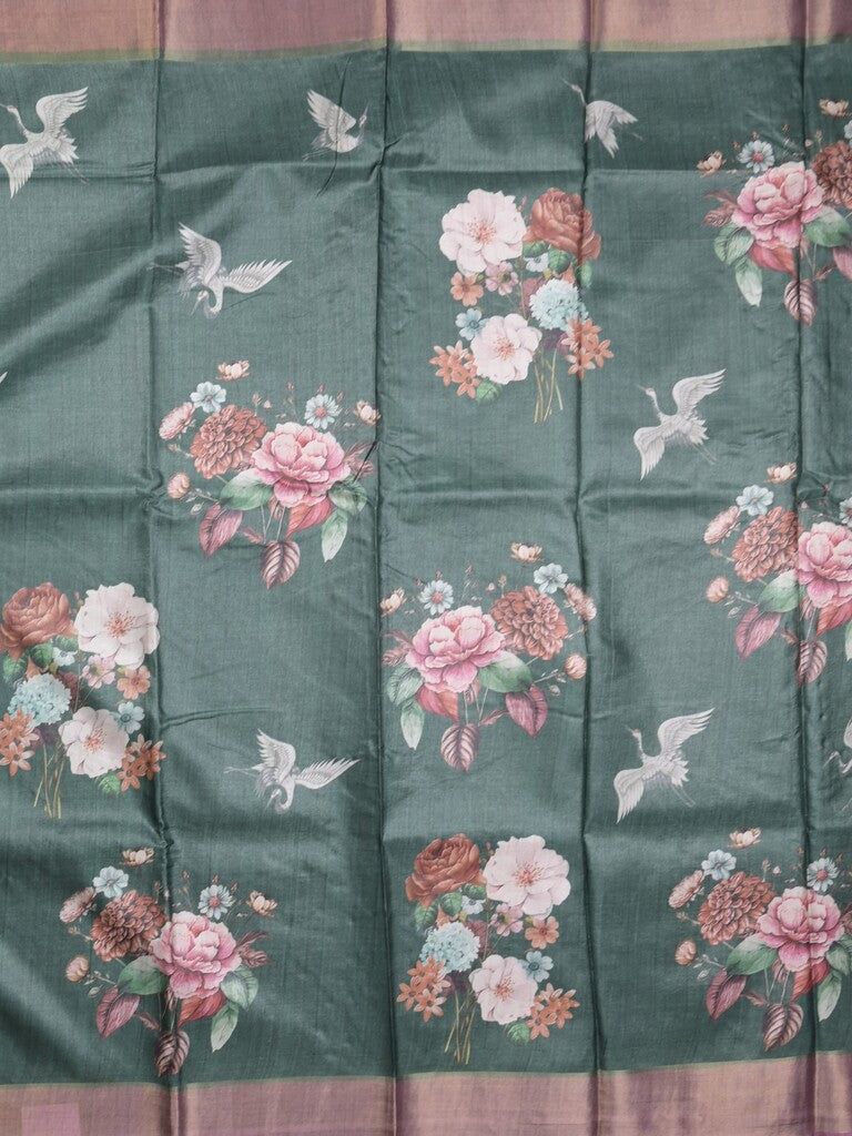 Tussar fancy saree dark green color allover prints & small kaddi border with printed pallu and attached contrast plain blouse