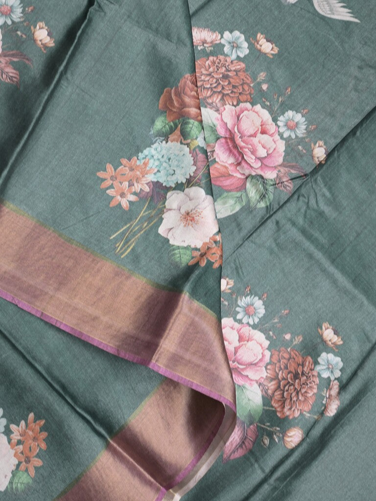 Tussar fancy saree dark green color allover prints & small kaddi border with printed pallu and attached contrast plain blouse
