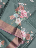 Tussar fancy saree dark green color allover prints & small kaddi border with printed pallu and attached contrast plain blouse