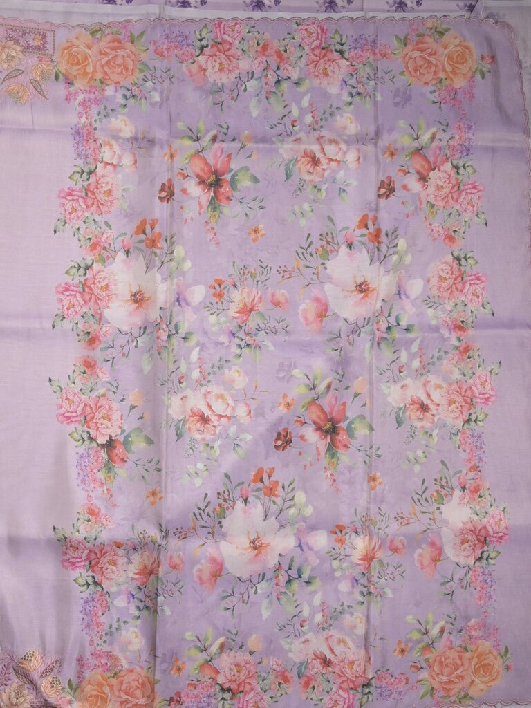 Dola tissue fancy sarees light purple color allover plain & embroidery border with printed pallu and printed blouse