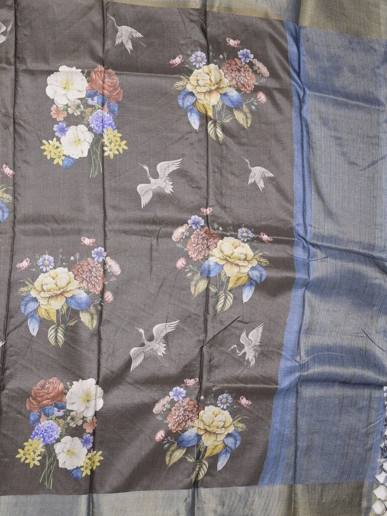 Tussar fancy saree grey color allover prints & small kaddi border with printed pallu and attached contrast plain blouse