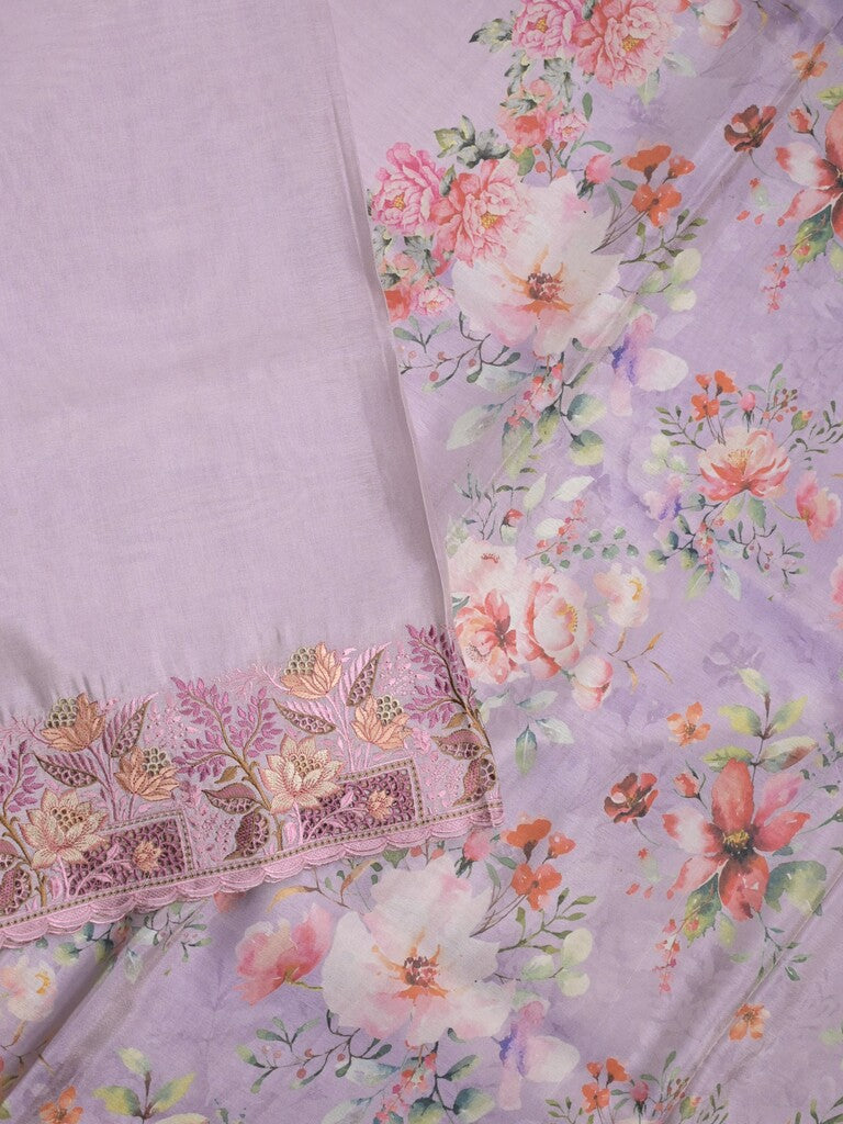 Dola tissue fancy sarees light purple color allover plain & embroidery border with printed pallu and printed blouse