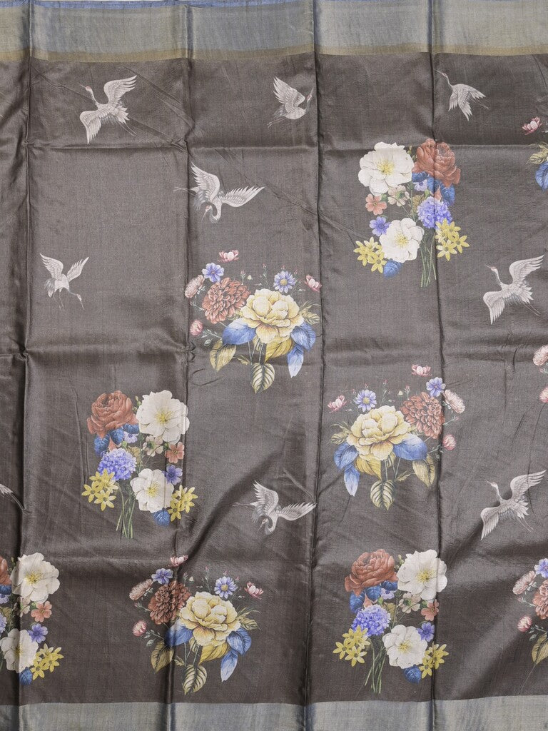 Tussar fancy saree grey color allover prints & small kaddi border with printed pallu and attached contrast plain blouse