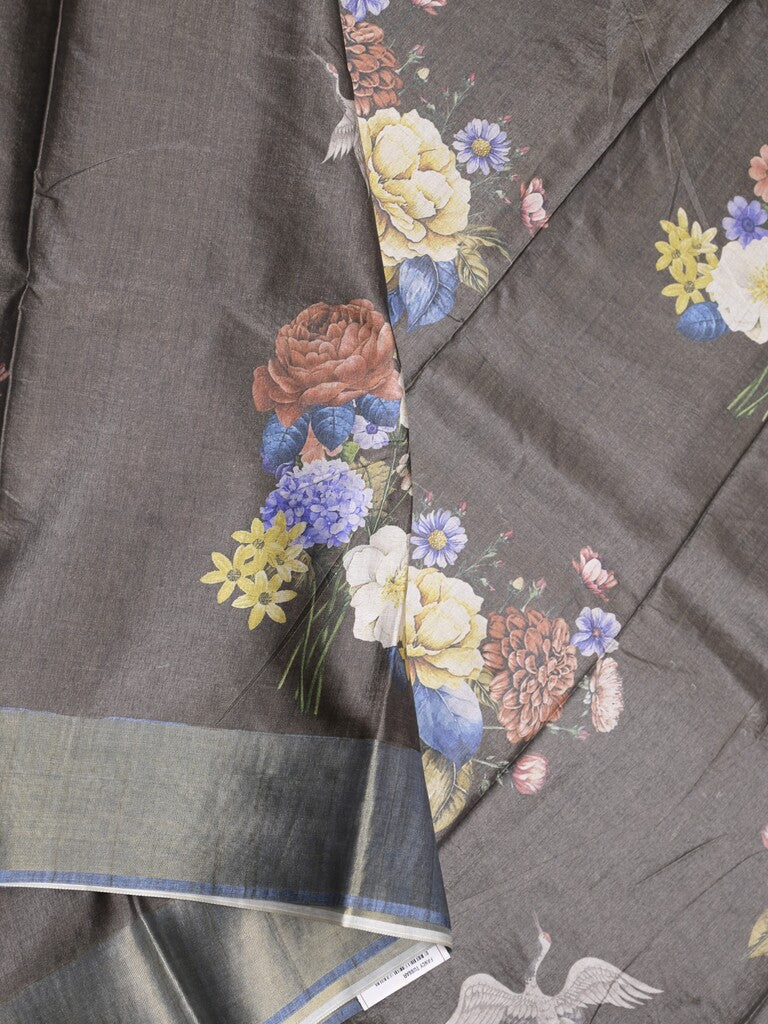 Tussar fancy saree grey color allover prints & small kaddi border with printed pallu and attached contrast plain blouse