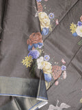 Tussar fancy saree grey color allover prints & small kaddi border with printed pallu and attached contrast plain blouse