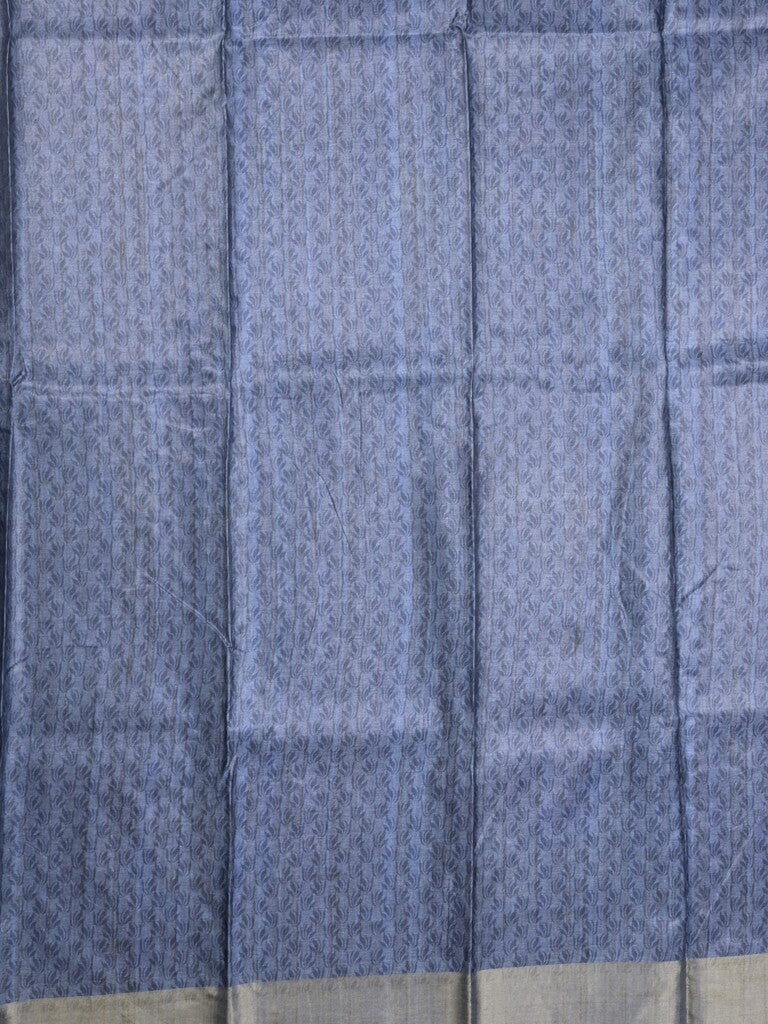 Tussar fancy saree grey color allover prints & small kaddi border with printed pallu and attached contrast plain blouse