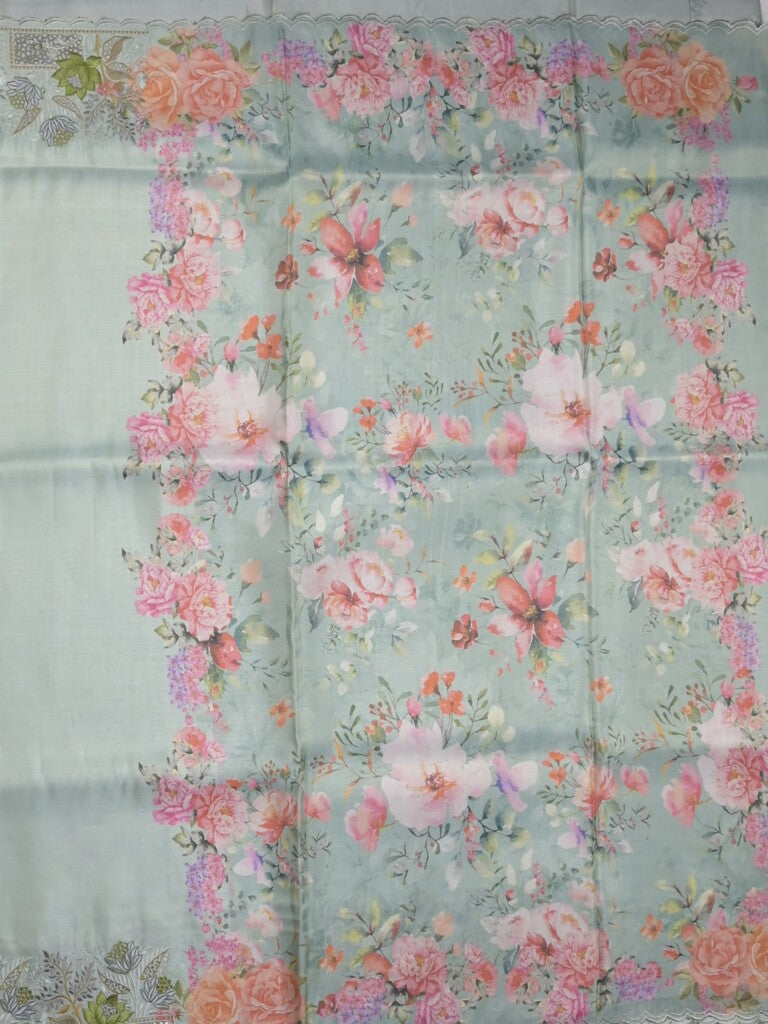 Dola tissue fancy sarees pastel blue color allover plain & embroidery border with printed pallu and printed blouse