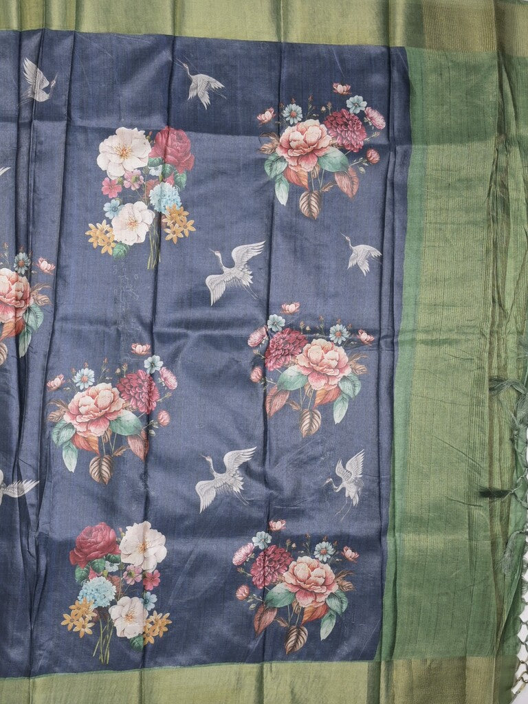 Tussar fancy saree navy blue color allover prints & small kaddi border with printed pallu and attached contrast plain blouse