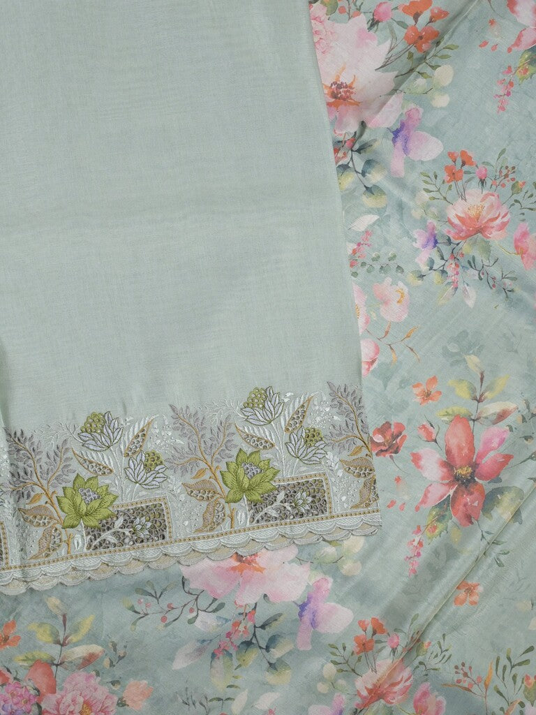 Dola tissue fancy sarees pastel blue color allover plain & embroidery border with printed pallu and printed blouse