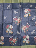 Tussar fancy saree navy blue color allover prints & small kaddi border with printed pallu and attached contrast plain blouse