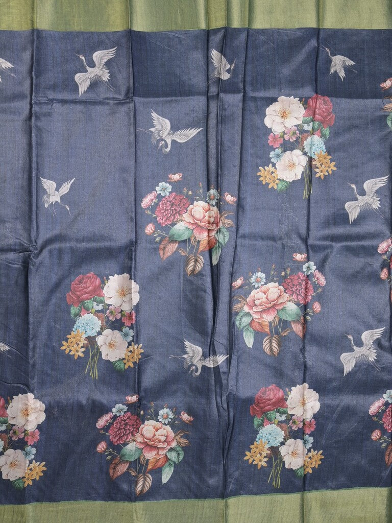 Tussar fancy saree navy blue color allover prints & small kaddi border with printed pallu and attached contrast plain blouse