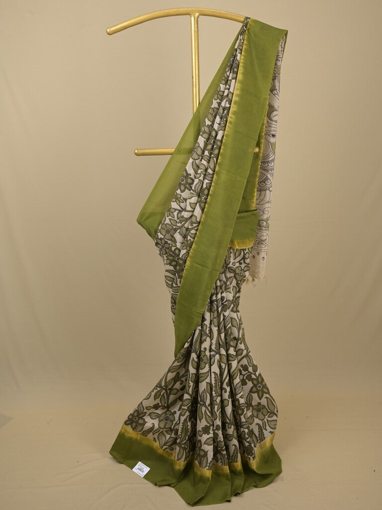 Kalamkari silk saree in cream, featuring a contrast color border and plain matching blouse