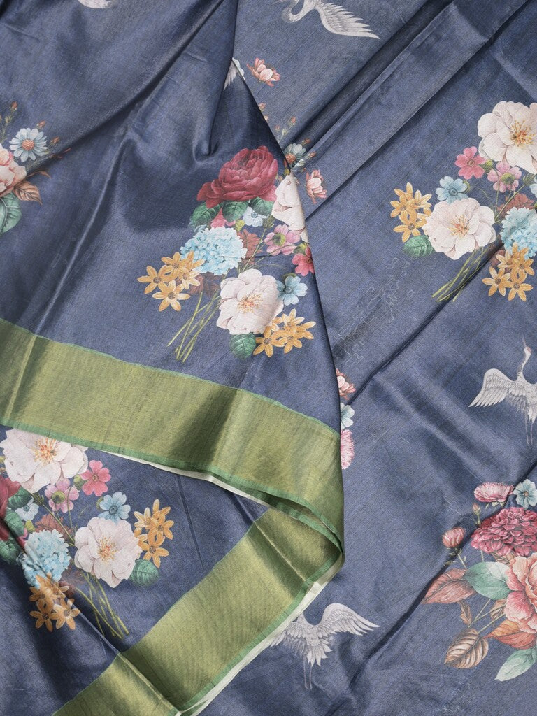 Tussar fancy saree navy blue color allover prints & small kaddi border with printed pallu and attached contrast plain blouse