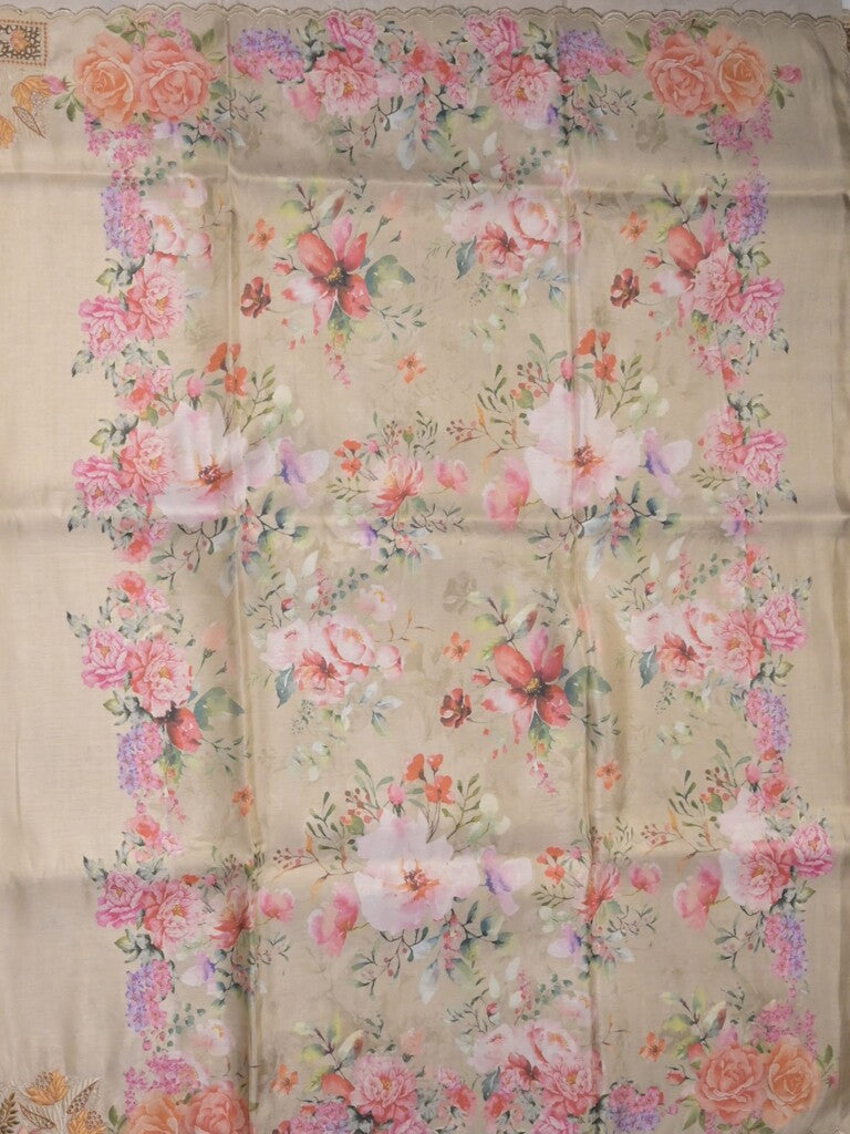 Dola tissue fancy sarees light cream color allover plain & embroidery border with printed pallu and printed blouse