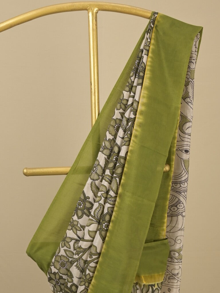 Kalamkari silk saree in cream, featuring a contrast color border and plain matching blouse