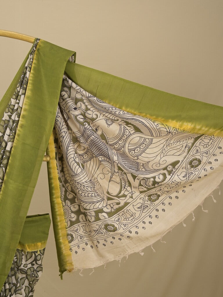Kalamkari silk saree in cream, featuring a contrast color border and plain matching blouse