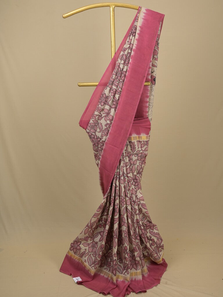 Kalamkari silk saree in cream, featuring a contrast color border and plain matching blouse