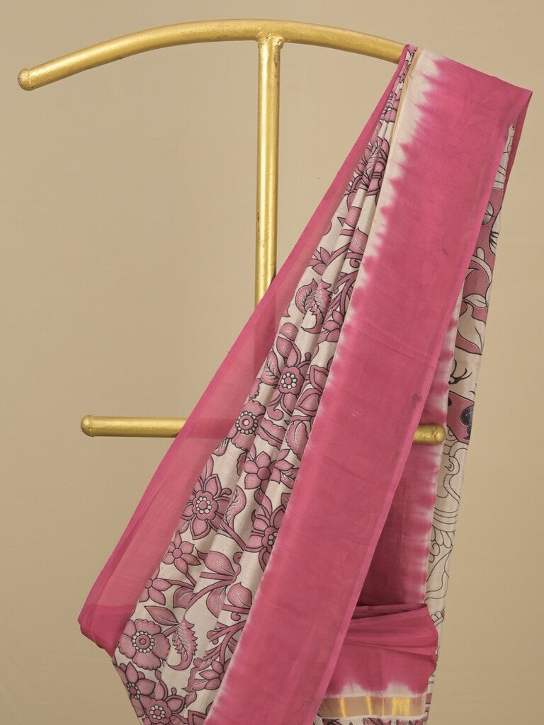 Kalamkari silk saree in cream, featuring a contrast color border and plain matching blouse