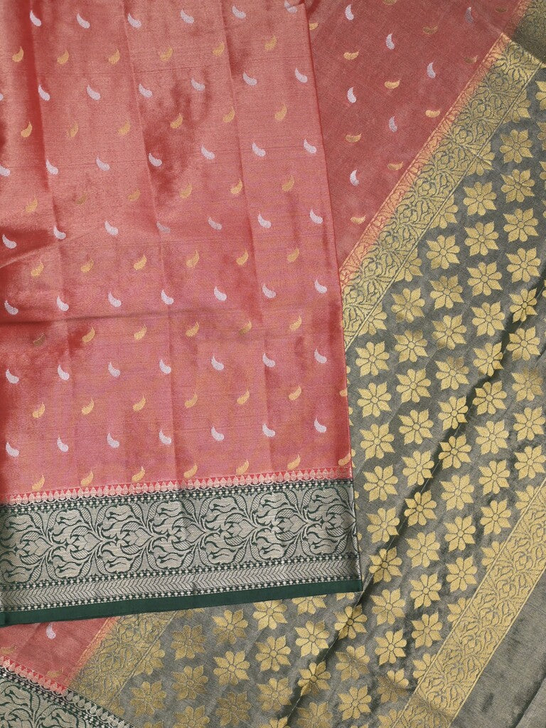 Dupion tissue fancy sarees red color allover zari motifs & zari border with rich pallu and contrast blouse