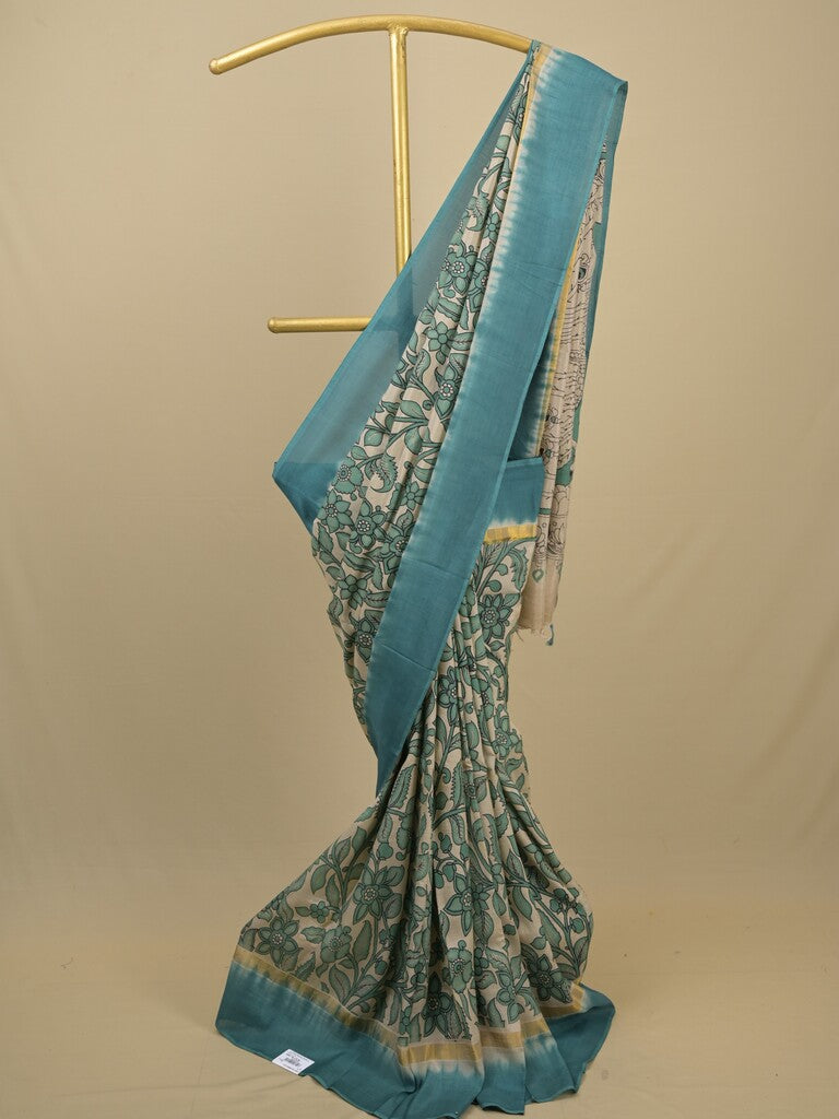 Kalamkari silk saree in cream, featuring a contrast color border and plain matching blouse