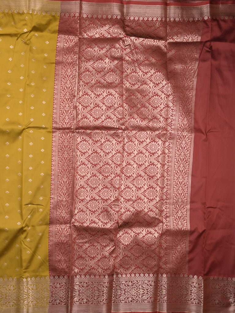 Banaras fancy saree mustard yellow color allover zari motifs & zari border with rich contrast pallu and plain blouse