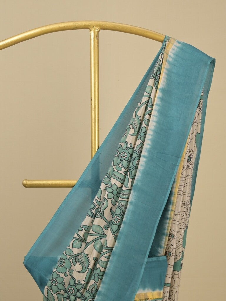 Kalamkari silk saree in cream, featuring a contrast color border and plain matching blouse