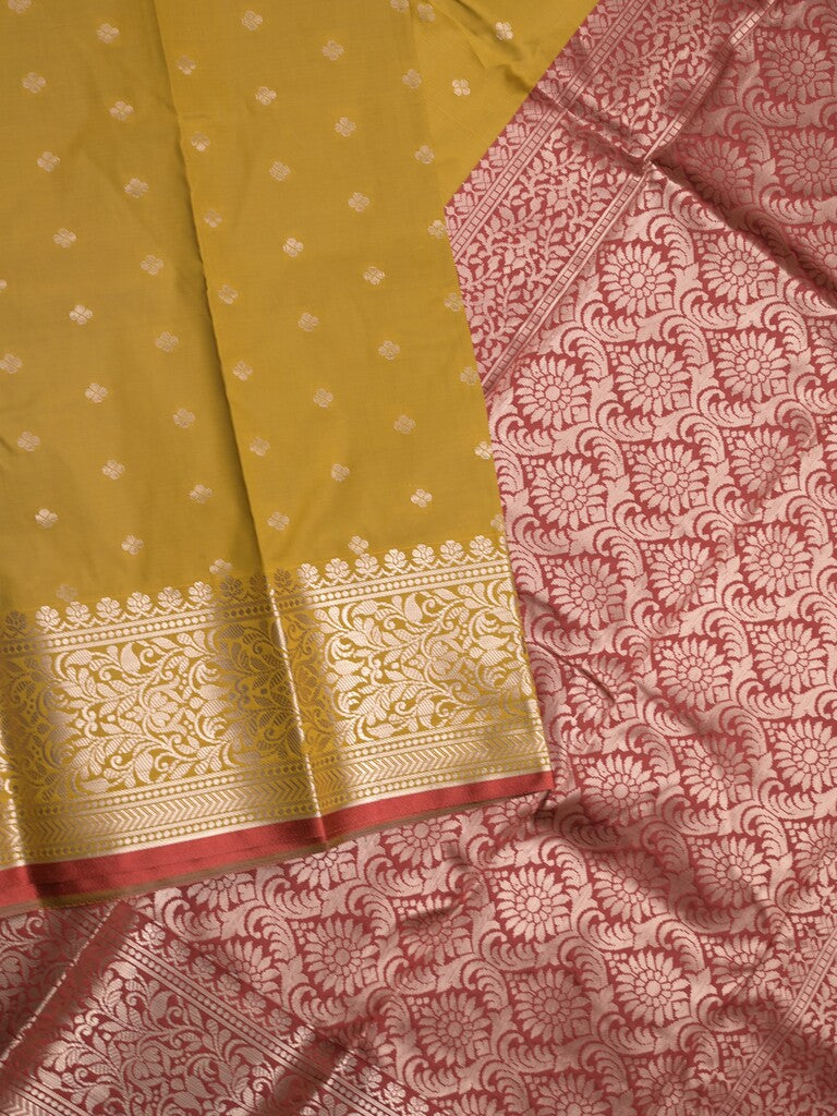 Banaras fancy saree mustard yellow color allover zari motifs & zari border with rich contrast pallu and plain blouse