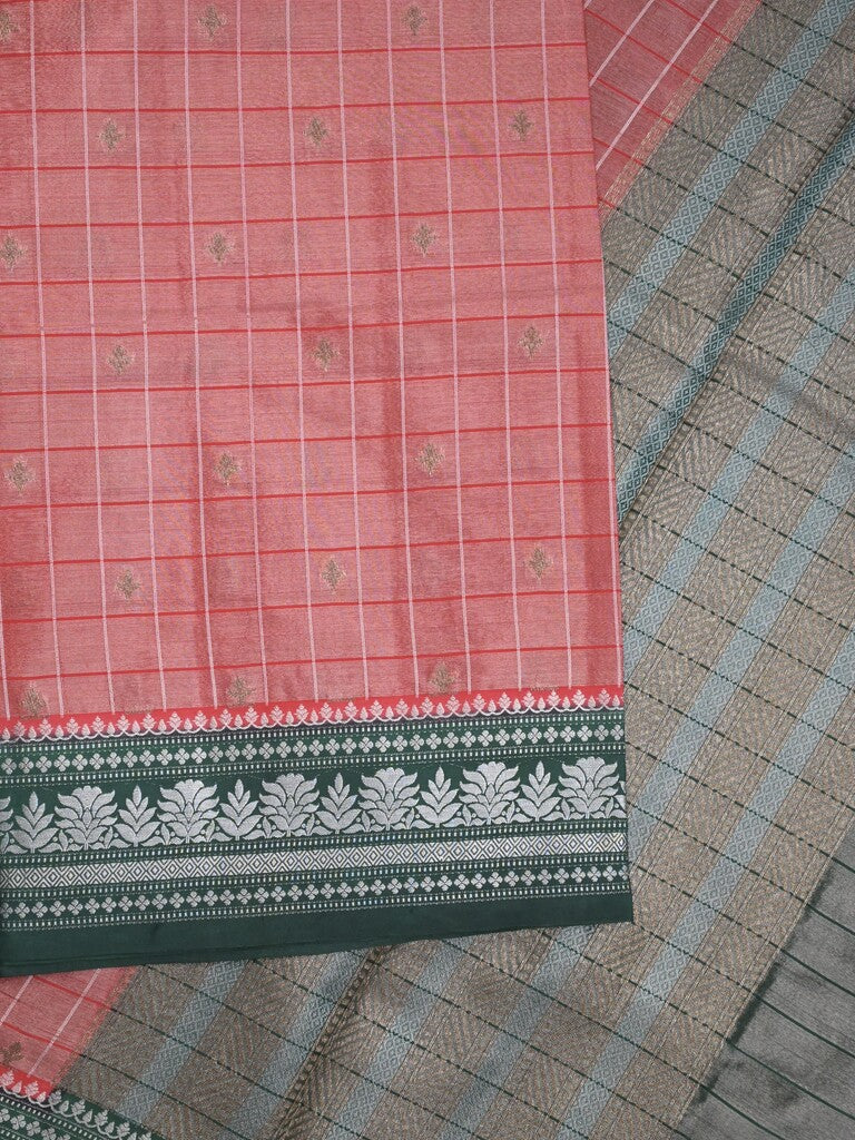 Dupion tissue fancy sarees coral pink color allover zari motifs & zari border with rich pallu and contrast blouse