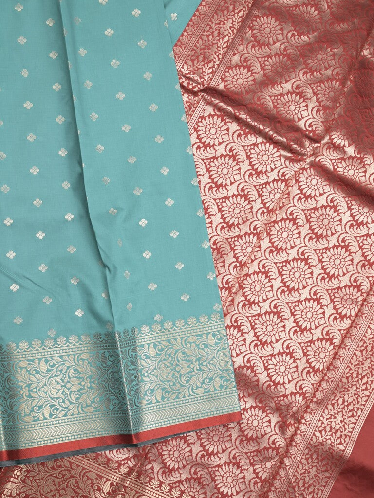 Banaras fancy saree light blue color allover zari motifs & zari border with rich contrast pallu and plain blouse