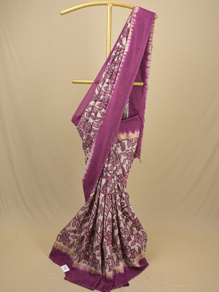 Kalamkari silk saree in cream, featuring a contrast color border and plain matching blouse