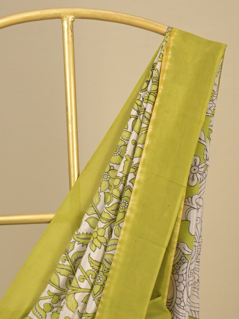 Kalamkari silk saree in cream, featuring a contrast color border and plain matching blouse